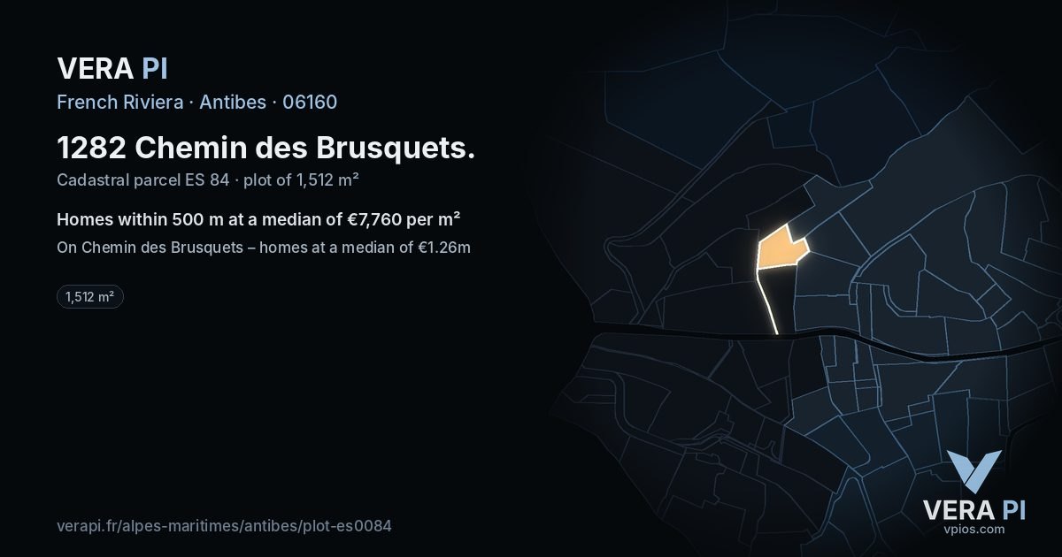 1282 Chemin des Brusquets, Antibes at night – the plot lit, the parcels around coloured by the prices near them