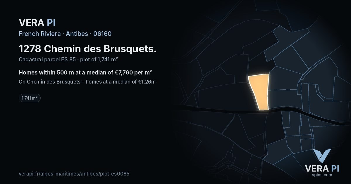 1278 Chemin des Brusquets, Antibes at night – the plot lit, the parcels around coloured by the prices near them