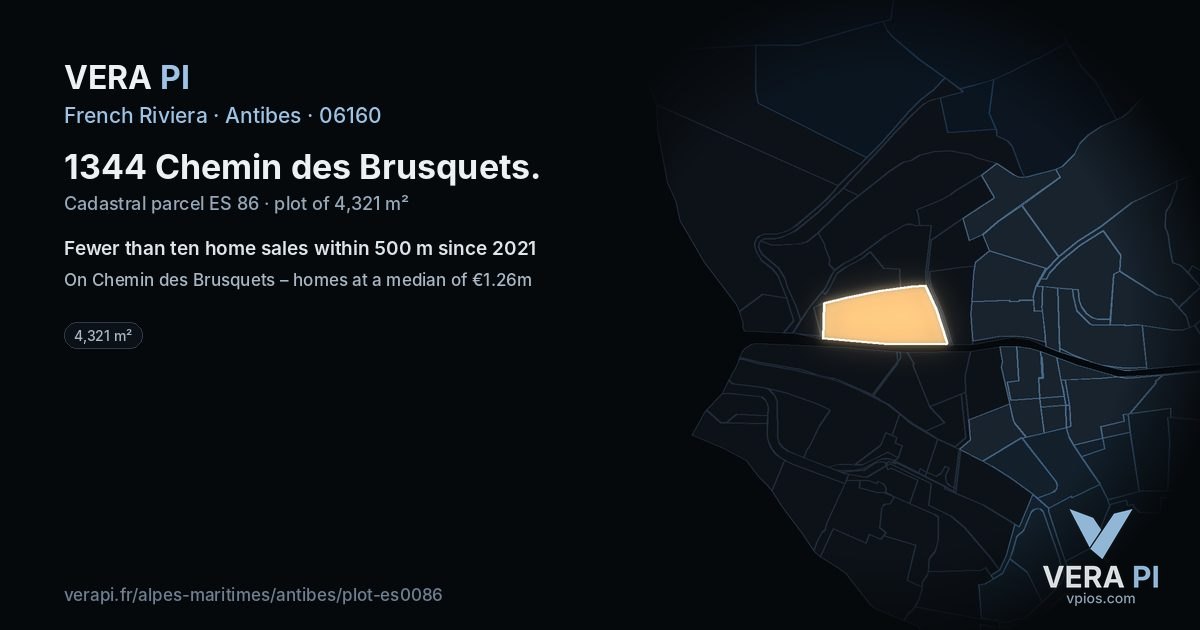 1344 Chemin des Brusquets, Antibes at night – the plot lit, the parcels around coloured by the prices near them