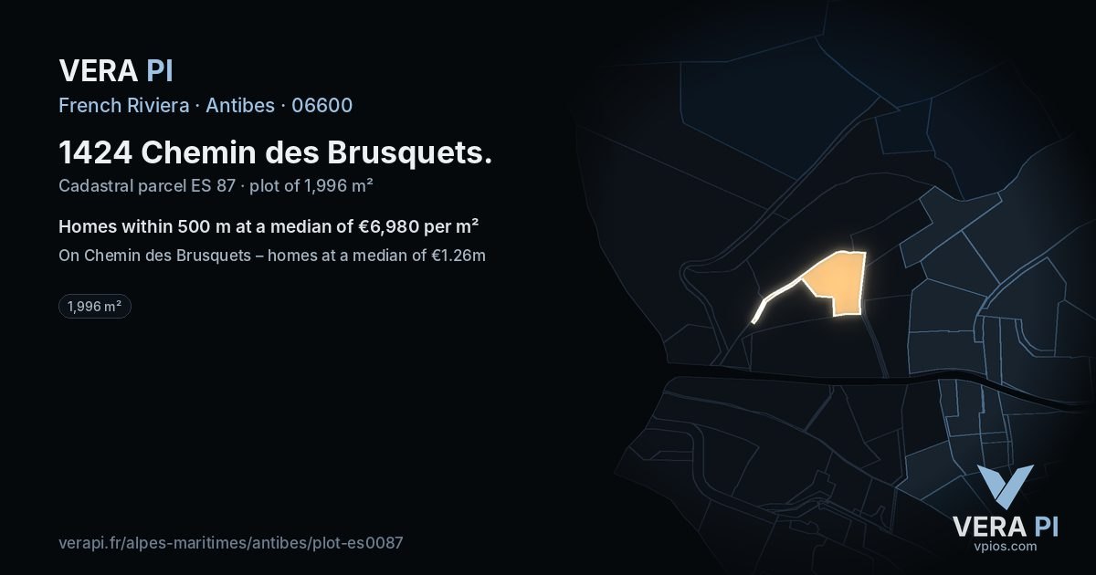 1424 Chemin des Brusquets, Antibes at night – the plot lit, the parcels around coloured by the prices near them