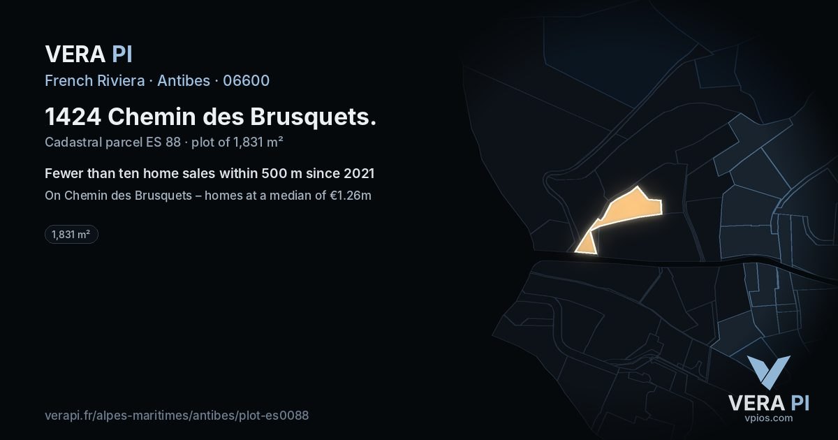 1424 Chemin des Brusquets, Antibes at night – the plot lit, the parcels around coloured by the prices near them
