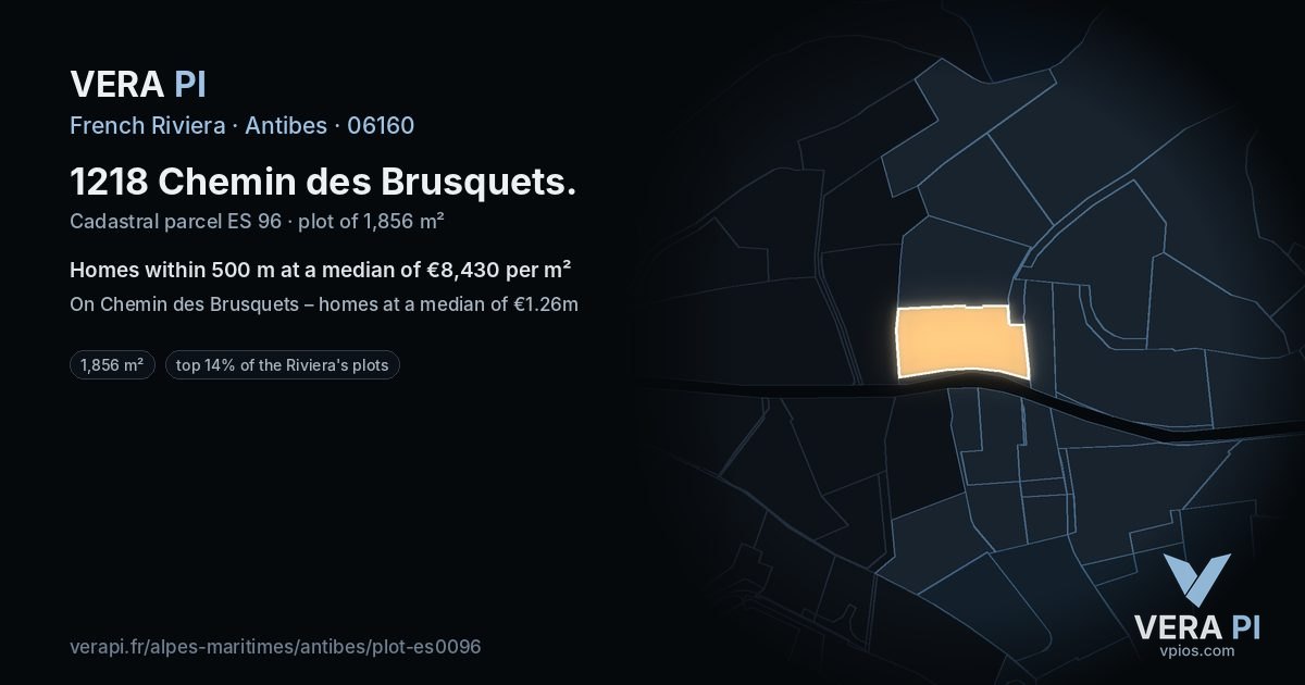 1218 Chemin des Brusquets, Antibes at night – the plot lit, the parcels around coloured by the prices near them