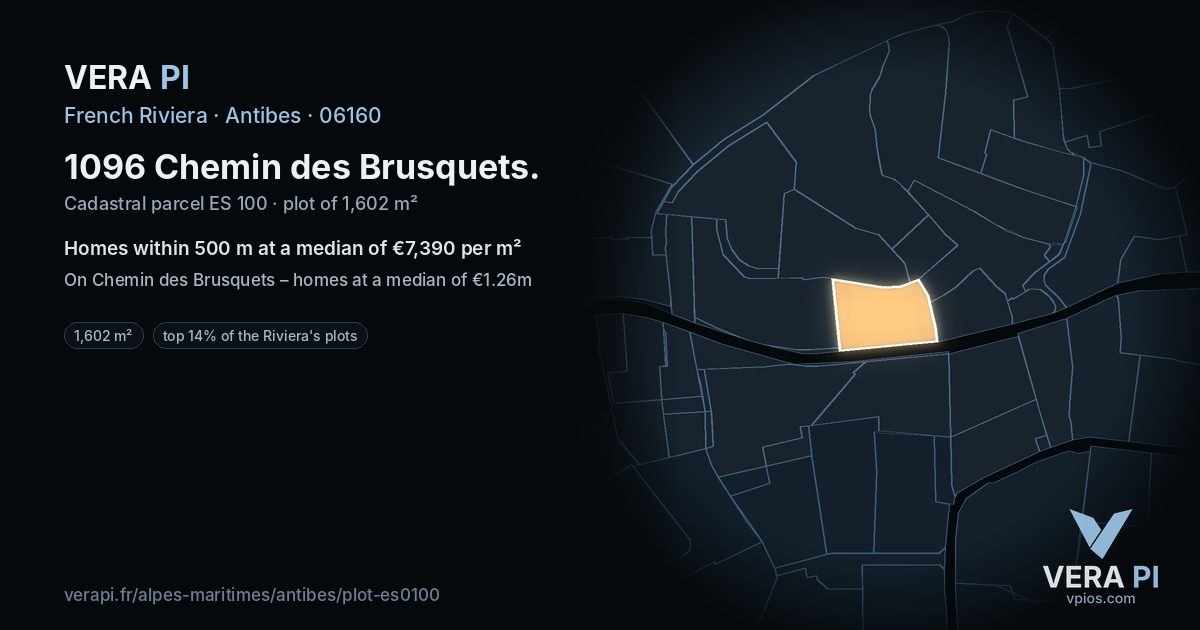 1096 Chemin des Brusquets, Antibes at night – the plot lit, the parcels around coloured by the prices near them