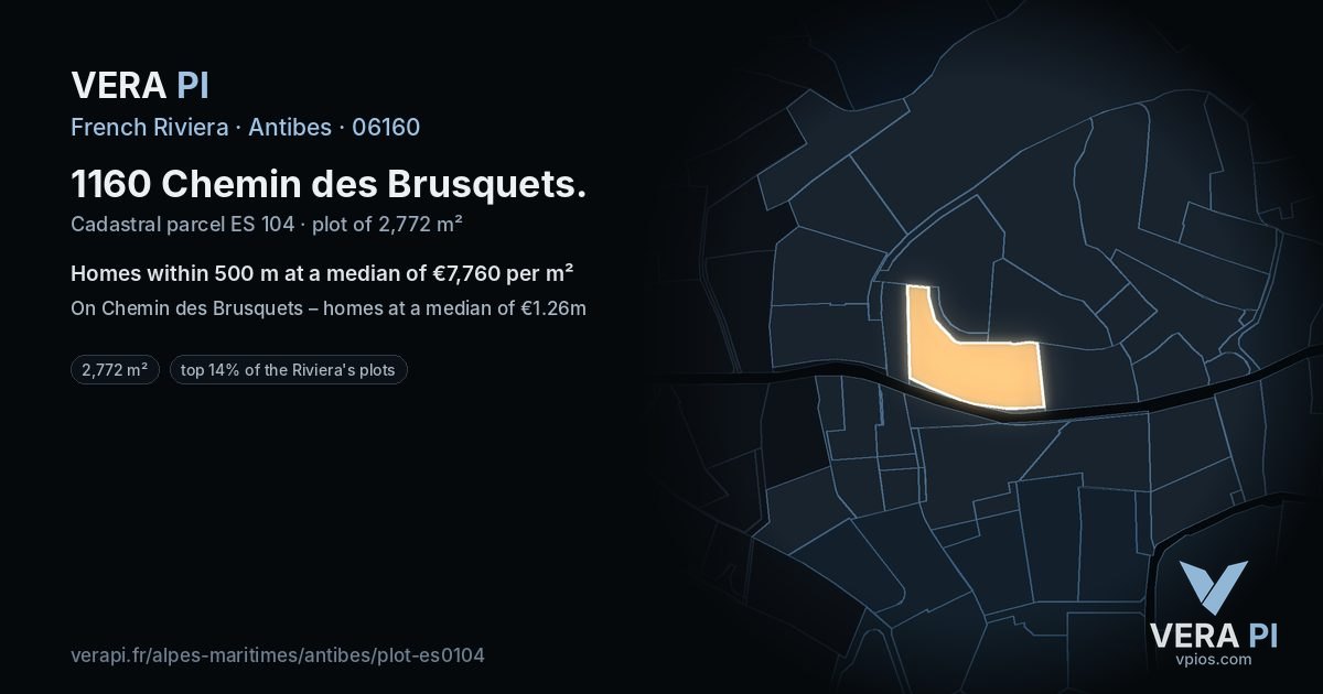 1160 Chemin des Brusquets, Antibes at night – the plot lit, the parcels around coloured by the prices near them