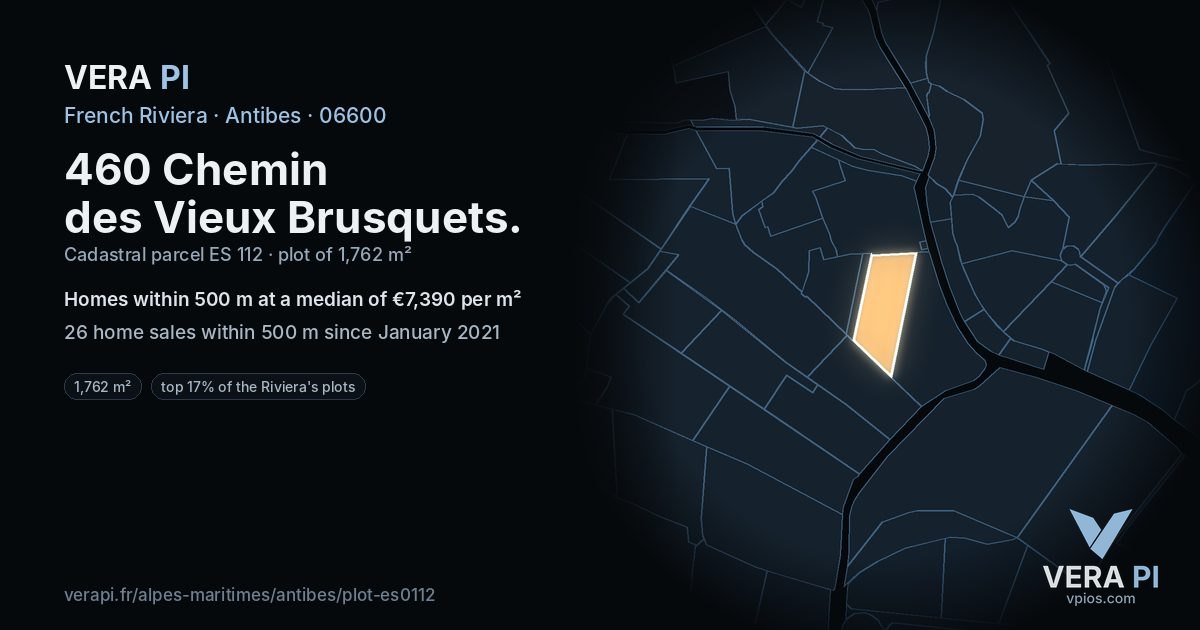 460 Chemin des Vieux Brusquets, Antibes at night – the plot lit, the parcels around coloured by the prices near them
