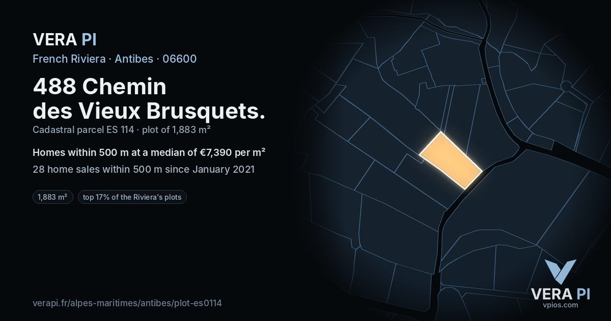 488 Chemin des Vieux Brusquets, Antibes at night – the plot lit, the parcels around coloured by the prices near them