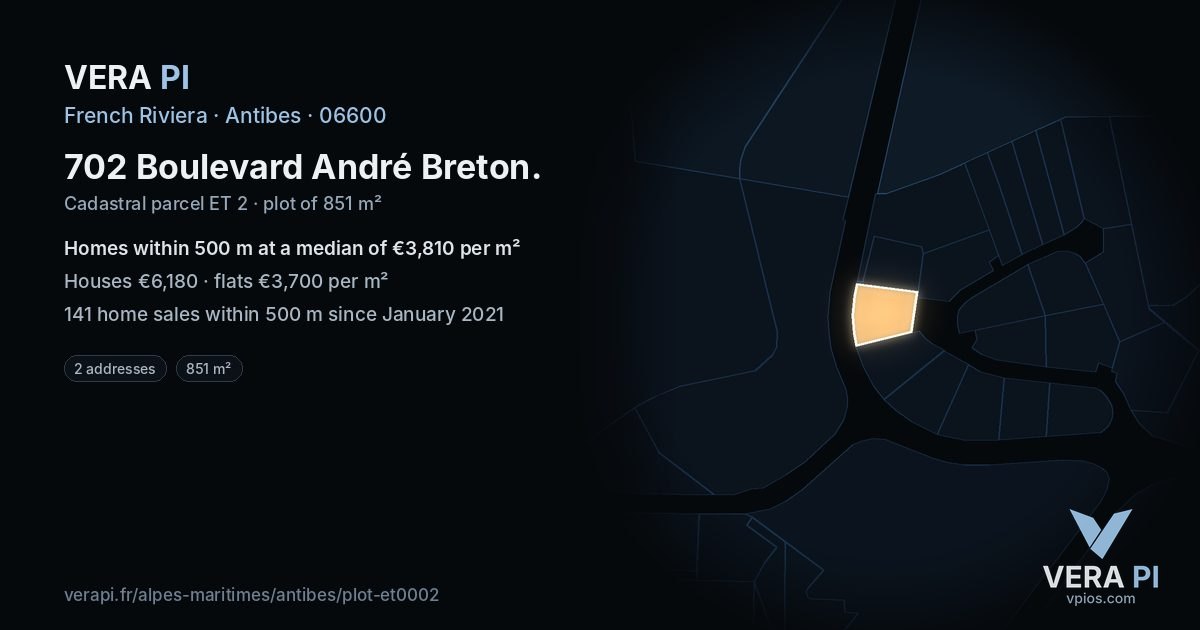 702 Boulevard André Breton, Antibes at night – the plot lit, the parcels around coloured by the prices near them