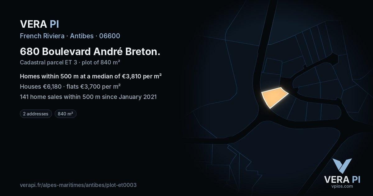680 Boulevard André Breton, Antibes at night – the plot lit, the parcels around coloured by the prices near them