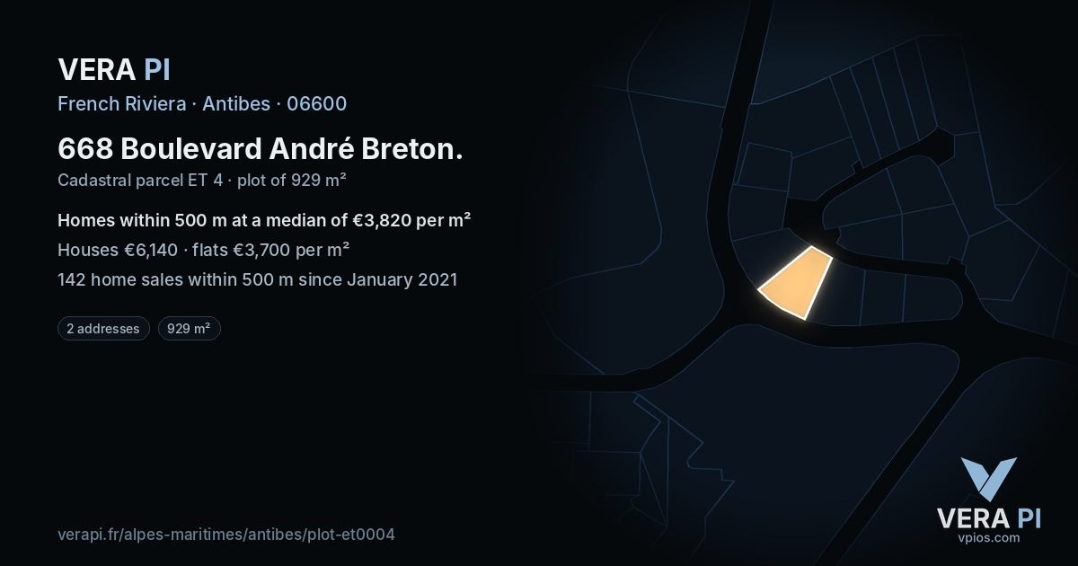 668 Boulevard André Breton, Antibes at night – the plot lit, the parcels around coloured by the prices near them