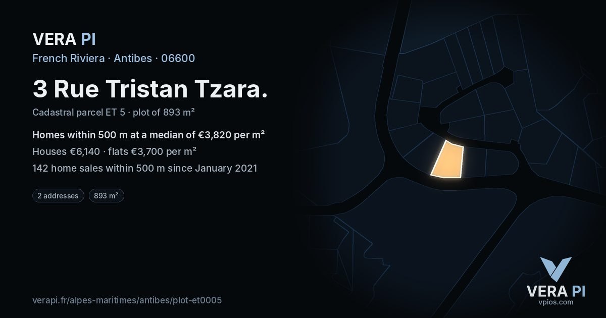 3 Rue Tristan Tzara, Antibes at night – the plot lit, the parcels around coloured by the prices near them
