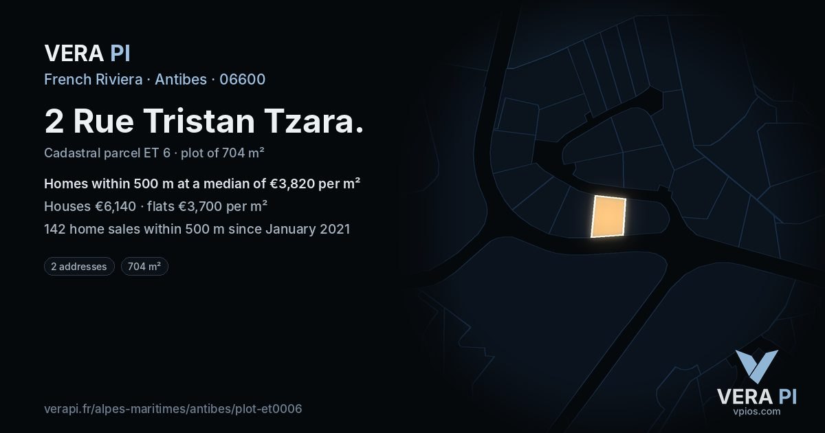 2 Rue Tristan Tzara, Antibes at night – the plot lit, the parcels around coloured by the prices near them