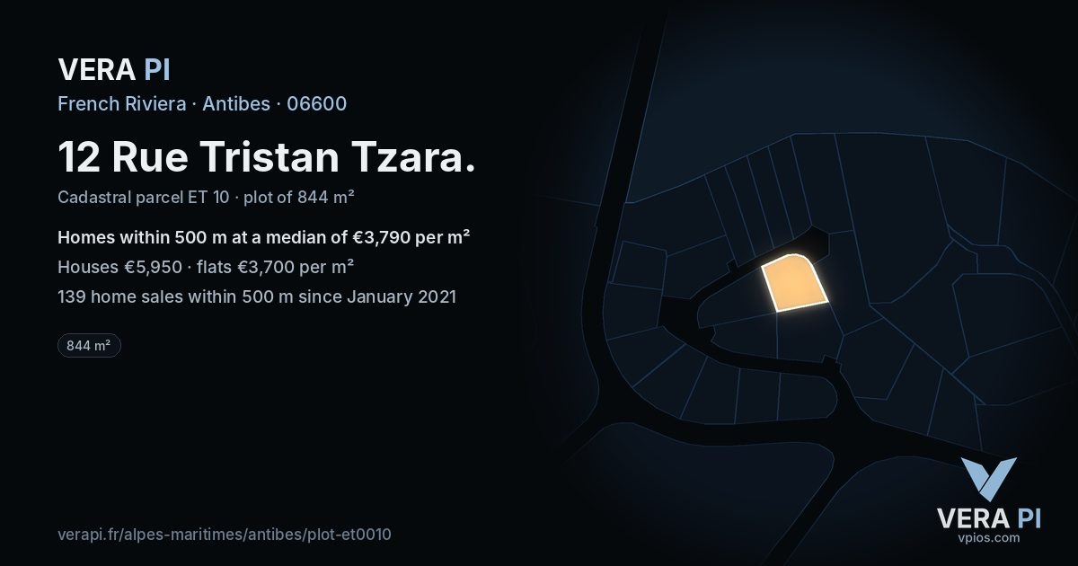 12 Rue Tristan Tzara, Antibes at night – the plot lit, the parcels around coloured by the prices near them
