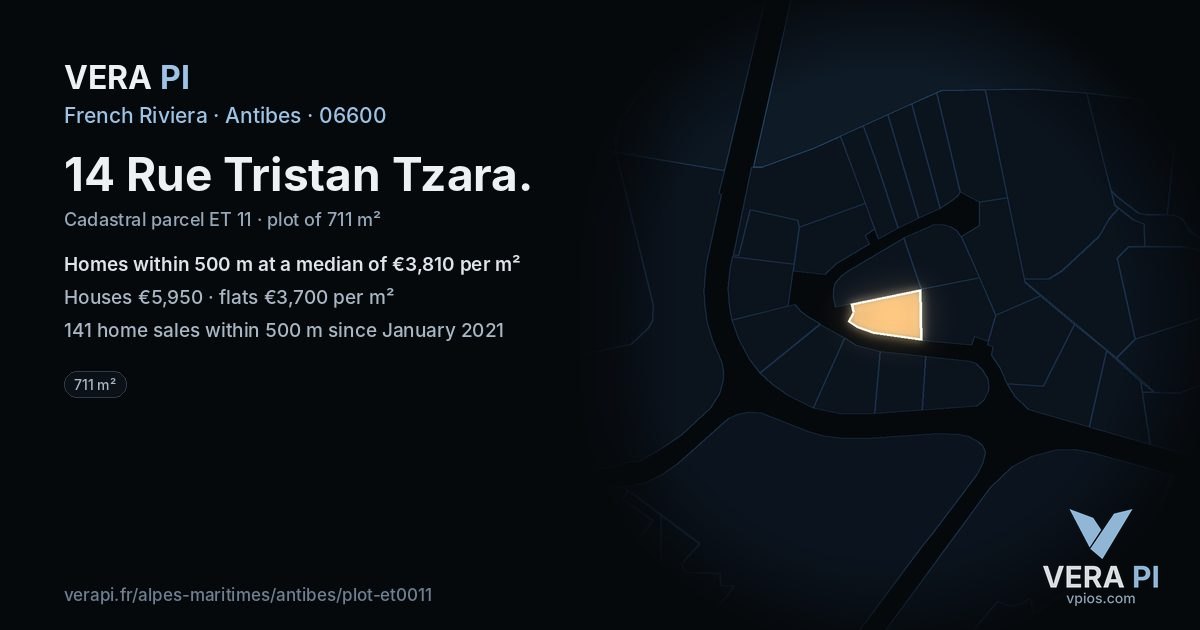 14 Rue Tristan Tzara, Antibes at night – the plot lit, the parcels around coloured by the prices near them