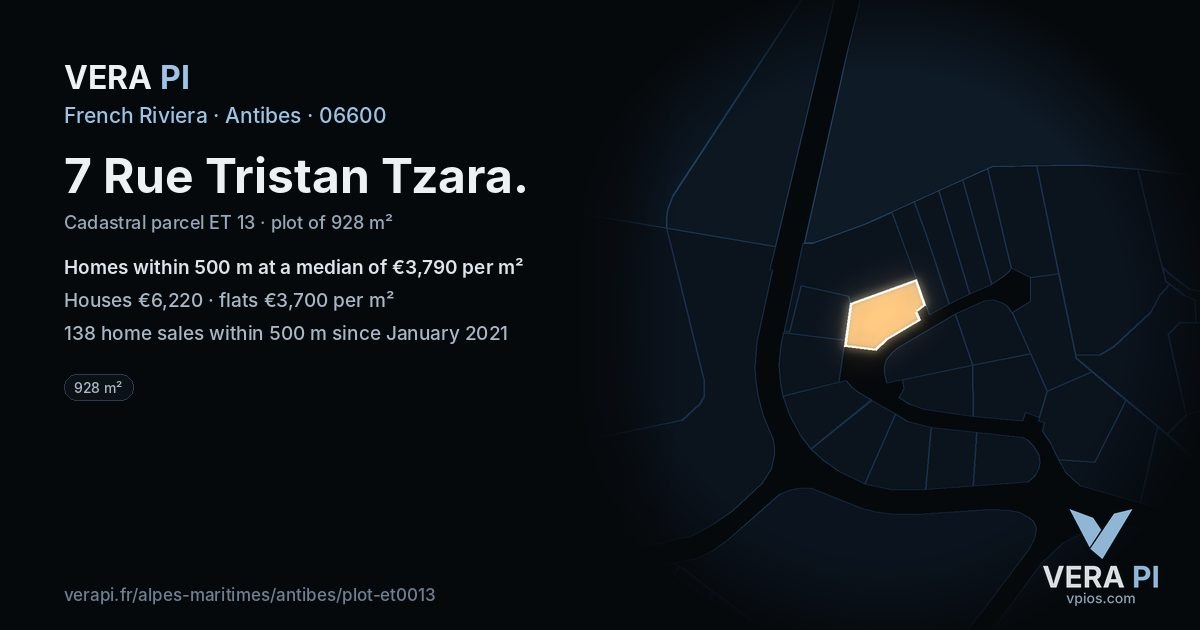7 Rue Tristan Tzara, Antibes at night – the plot lit, the parcels around coloured by the prices near them
