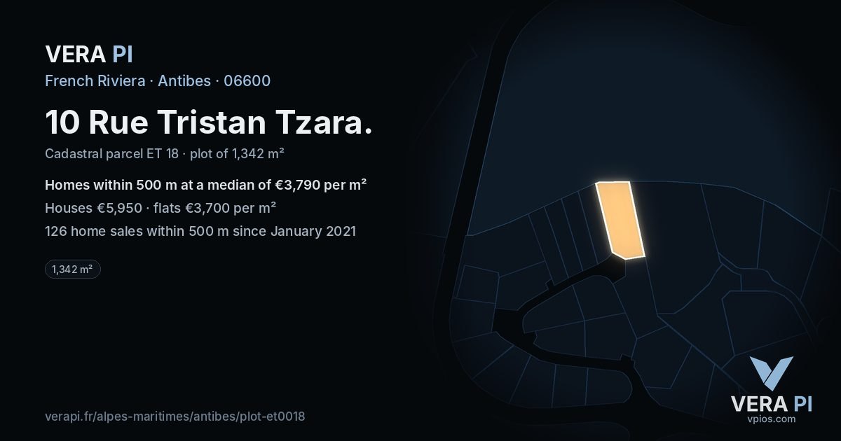 10 Rue Tristan Tzara, Antibes at night – the plot lit, the parcels around coloured by the prices near them