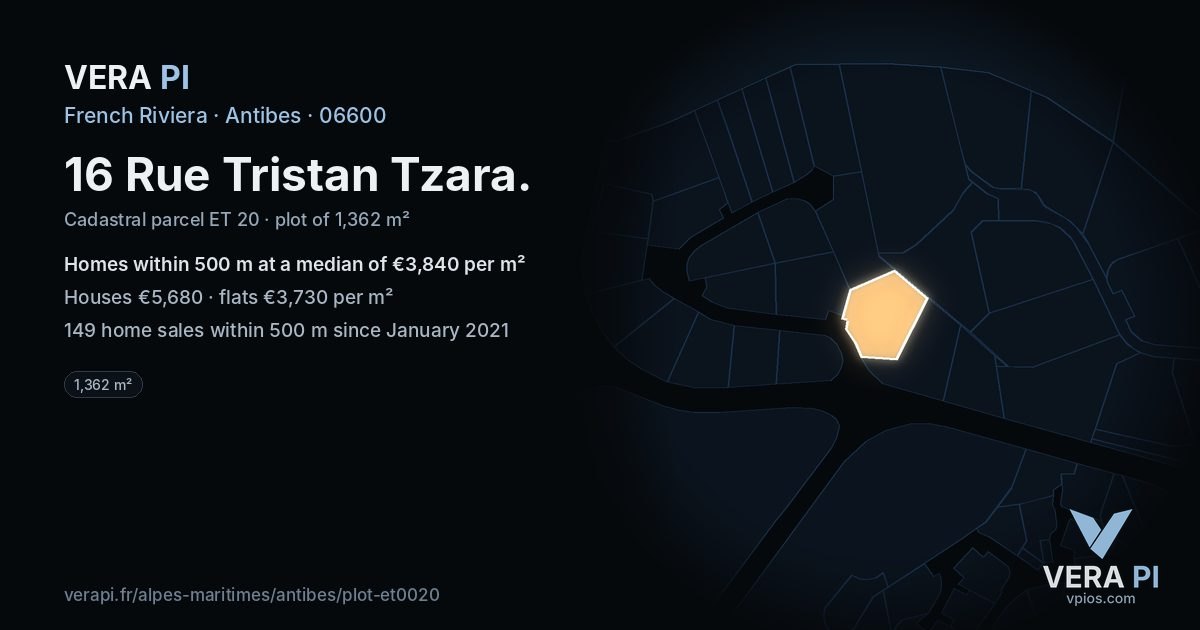 16 Rue Tristan Tzara, Antibes at night – the plot lit, the parcels around coloured by the prices near them
