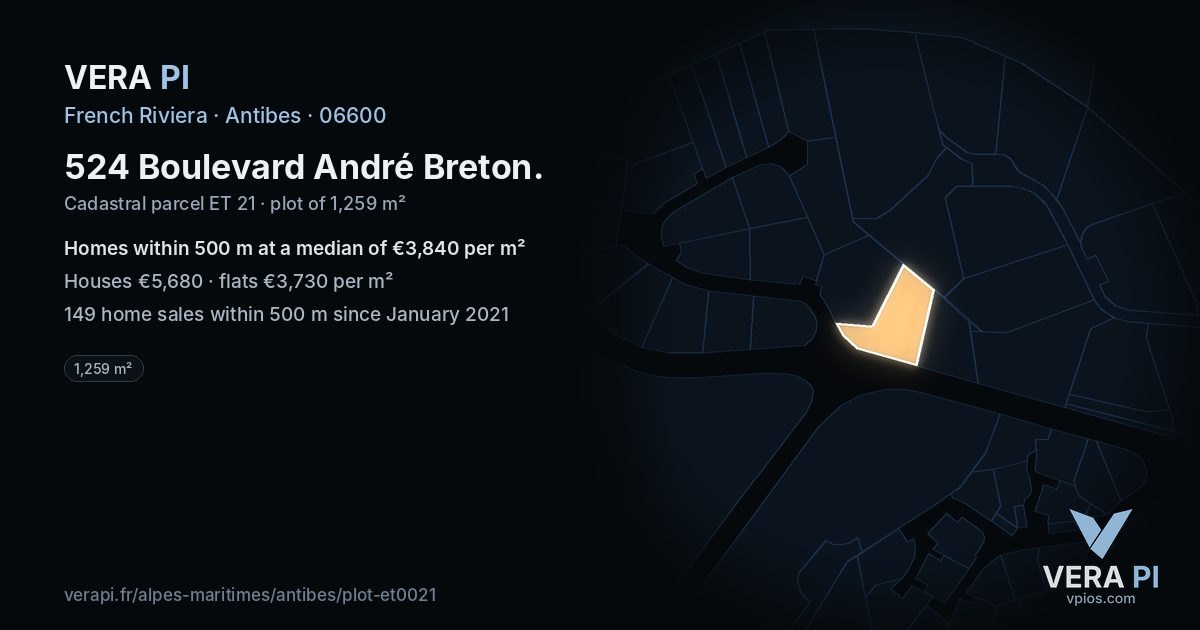 524 Boulevard André Breton, Antibes at night – the plot lit, the parcels around coloured by the prices near them