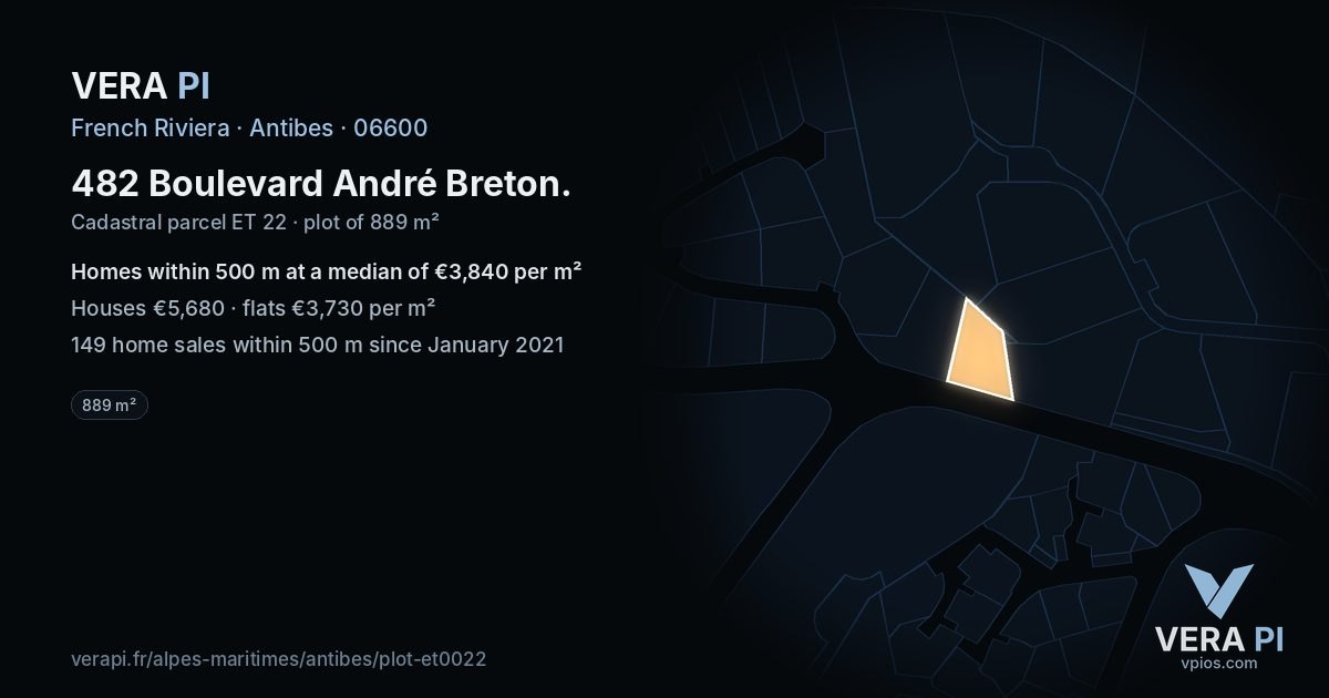 482 Boulevard André Breton, Antibes at night – the plot lit, the parcels around coloured by the prices near them