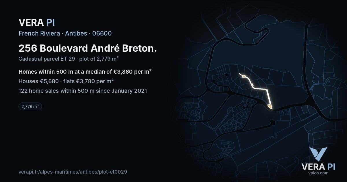 256 Boulevard André Breton, Antibes at night – the plot lit, the parcels around coloured by the prices near them