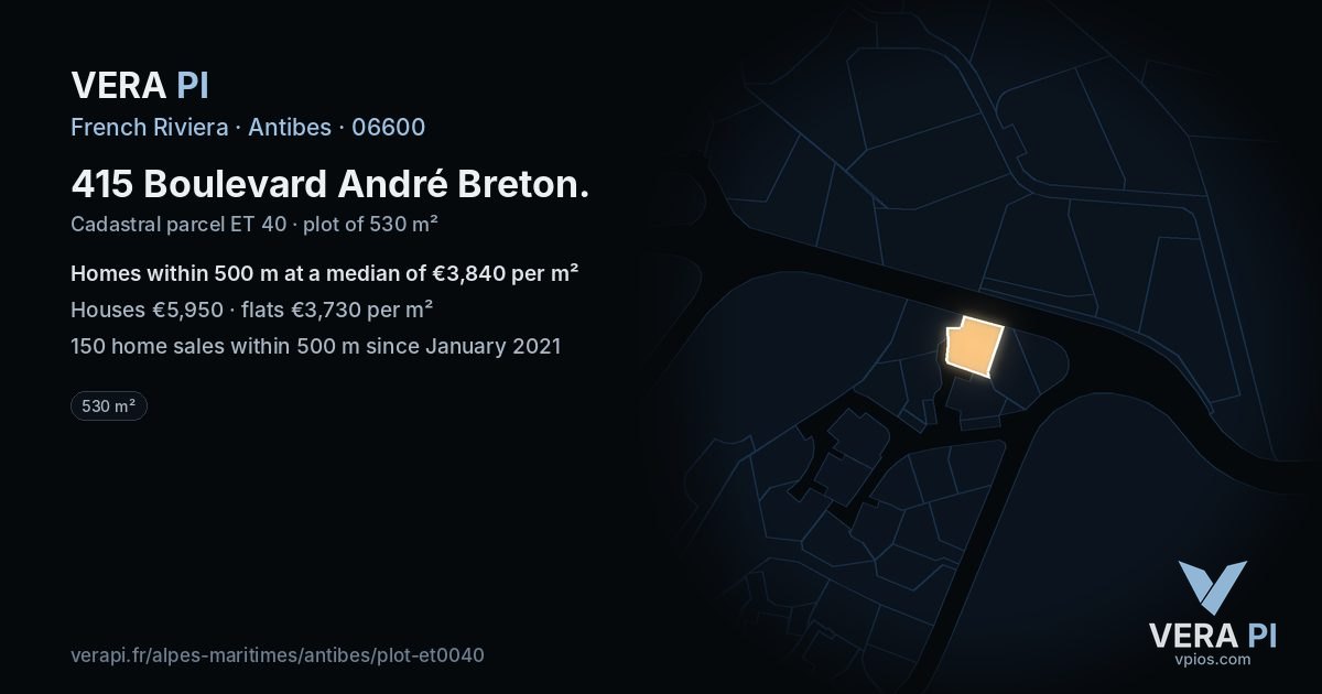415 Boulevard André Breton, Antibes at night – the plot lit, the parcels around coloured by the prices near them
