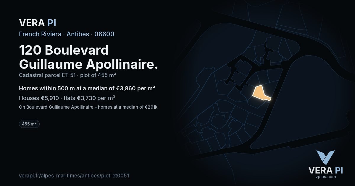 120 Boulevard Guillaume Apollinaire, Antibes at night – the plot lit, the parcels around coloured by the prices near them