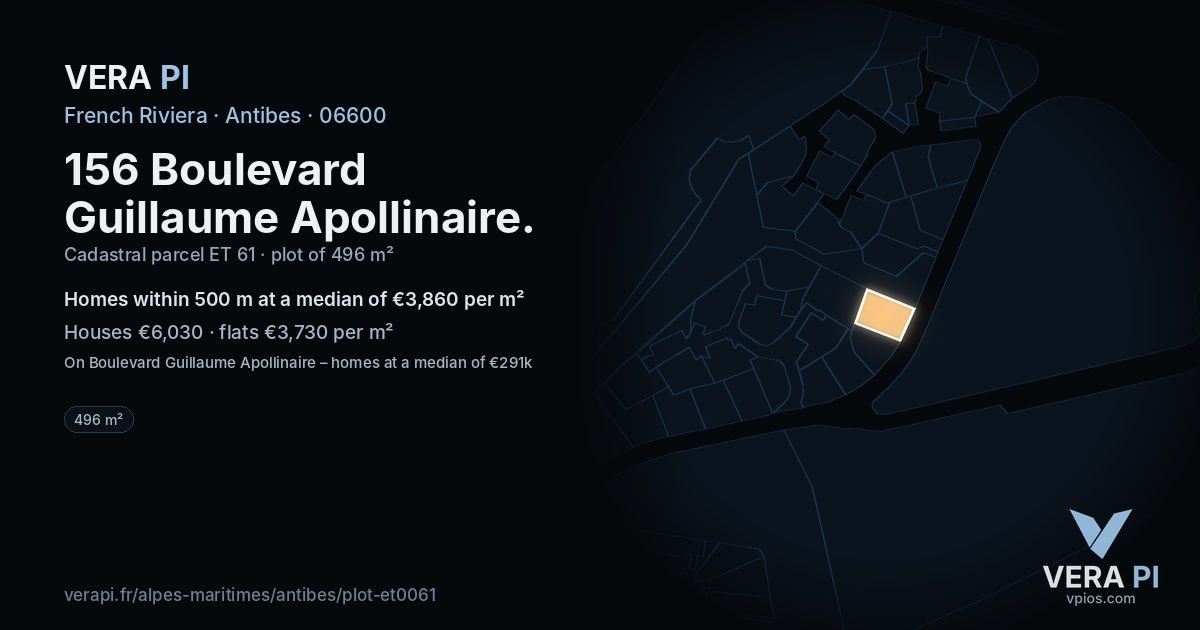 156 Boulevard Guillaume Apollinaire, Antibes at night – the plot lit, the parcels around coloured by the prices near them