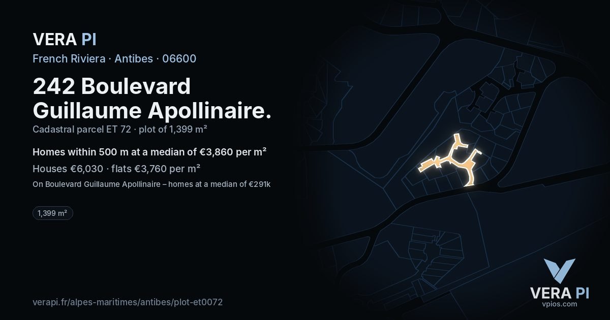 242 Boulevard Guillaume Apollinaire, Antibes at night – the plot lit, the parcels around coloured by the prices near them