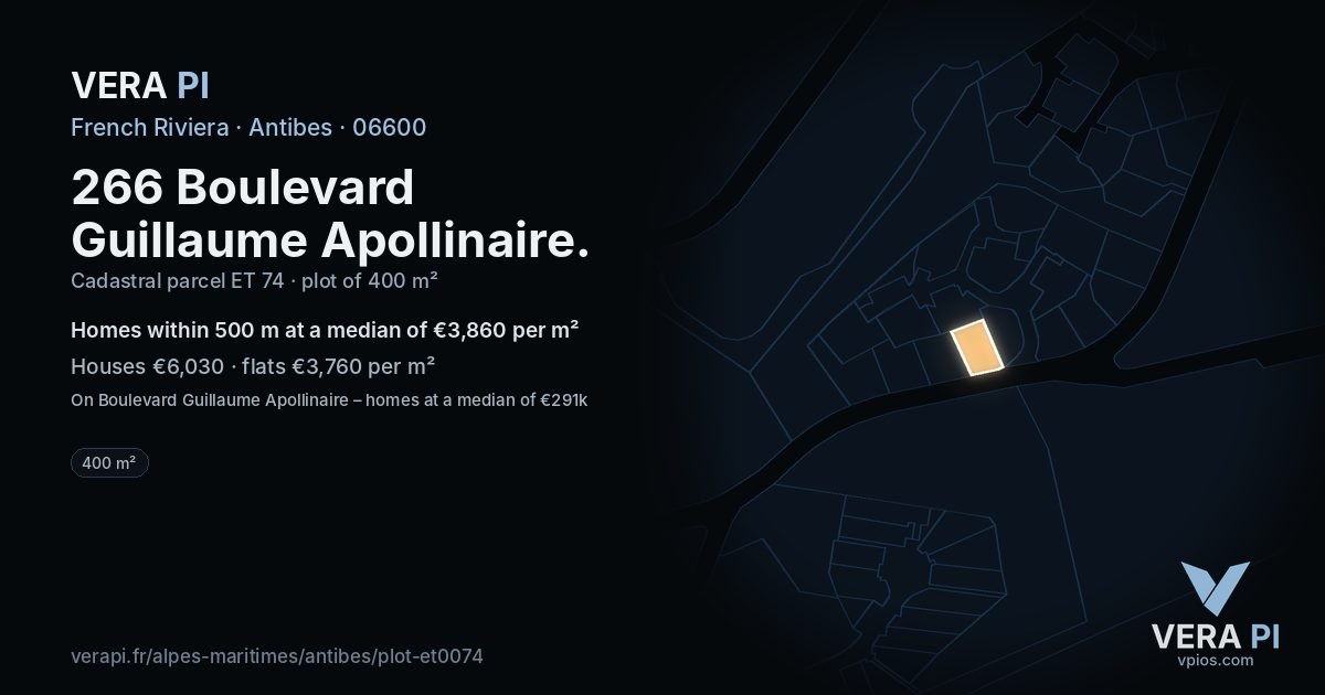 266 Boulevard Guillaume Apollinaire, Antibes at night – the plot lit, the parcels around coloured by the prices near them