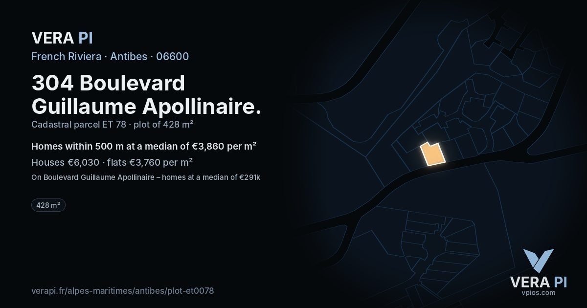 304 Boulevard Guillaume Apollinaire, Antibes at night – the plot lit, the parcels around coloured by the prices near them