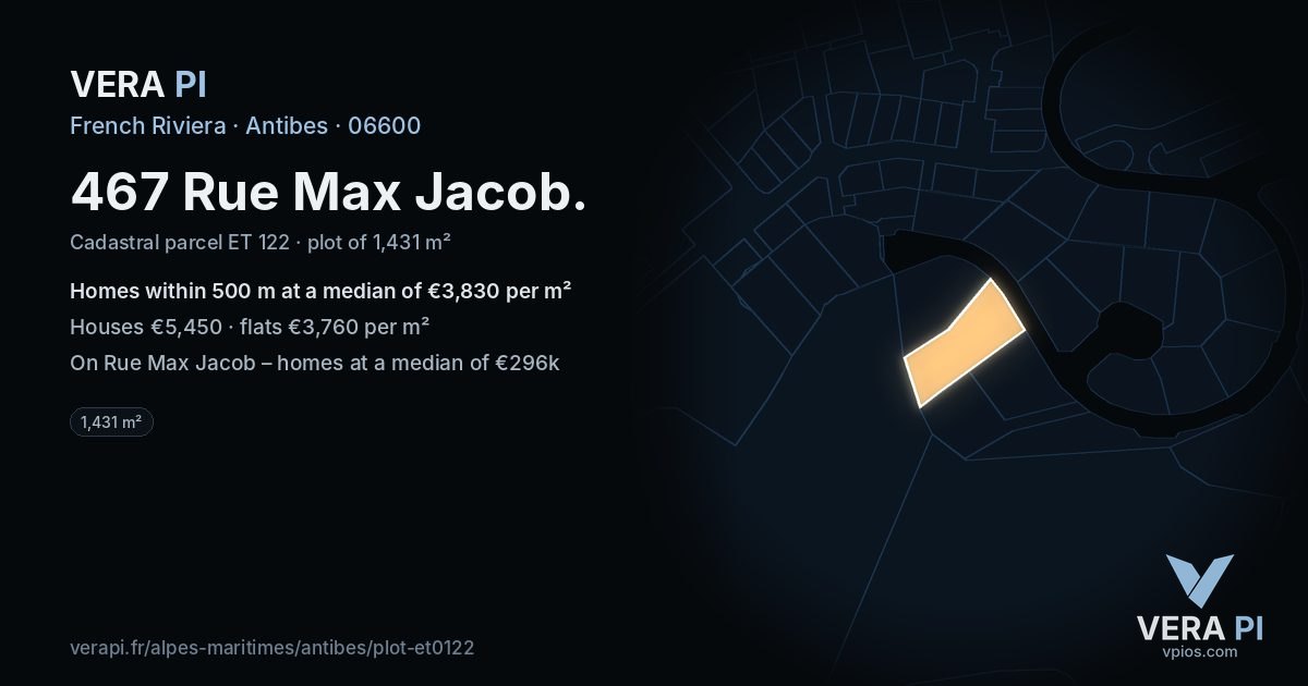 467 Rue Max Jacob, Antibes at night – the plot lit, the parcels around coloured by the prices near them