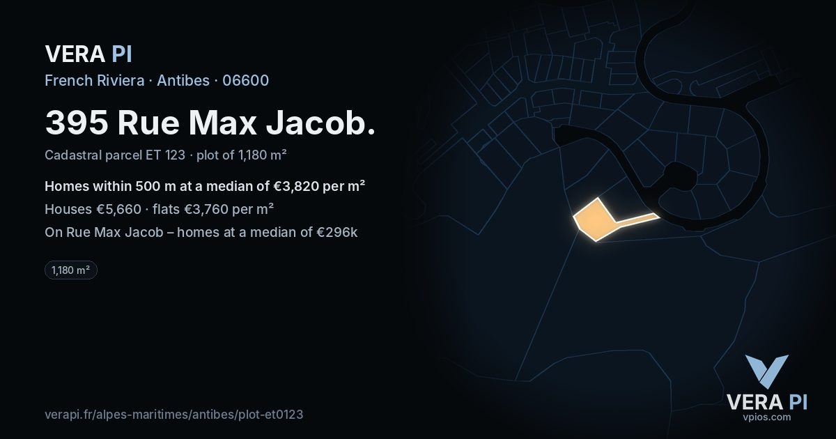 395 Rue Max Jacob, Antibes at night – the plot lit, the parcels around coloured by the prices near them