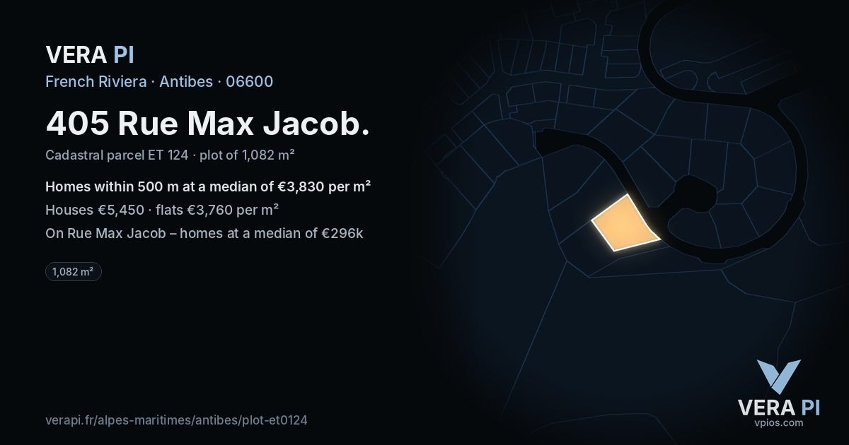 405 Rue Max Jacob, Antibes at night – the plot lit, the parcels around coloured by the prices near them