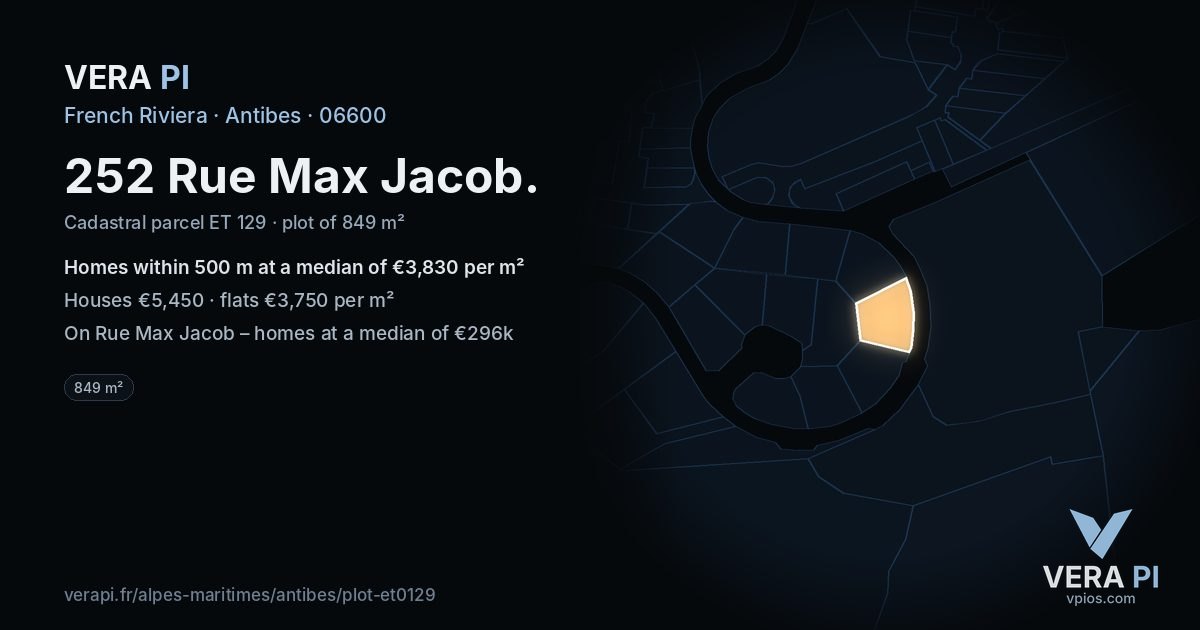 252 Rue Max Jacob, Antibes at night – the plot lit, the parcels around coloured by the prices near them