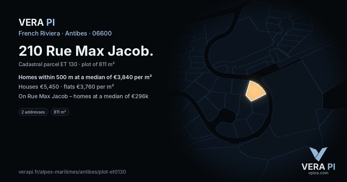 210 Rue Max Jacob, Antibes at night – the plot lit, the parcels around coloured by the prices near them