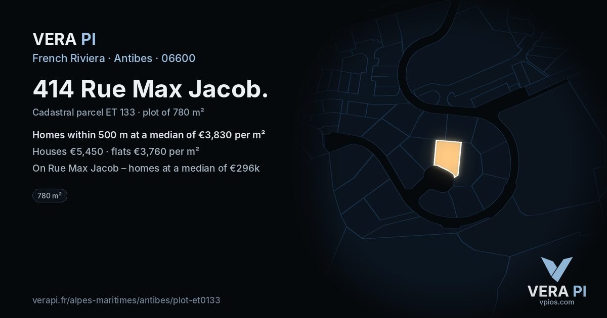 414 Rue Max Jacob, Antibes at night – the plot lit, the parcels around coloured by the prices near them