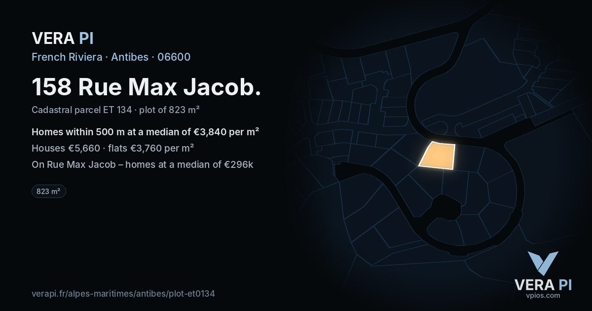 158 Rue Max Jacob, Antibes at night – the plot lit, the parcels around coloured by the prices near them