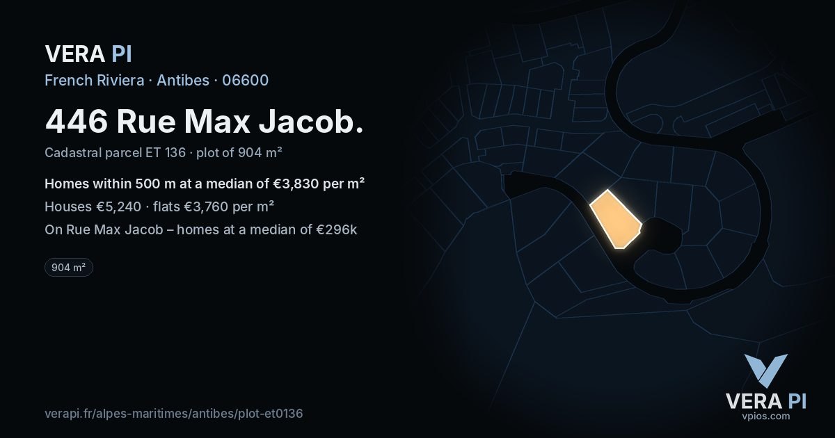 446 Rue Max Jacob, Antibes at night – the plot lit, the parcels around coloured by the prices near them