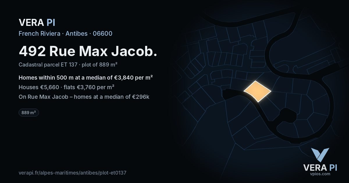492 Rue Max Jacob, Antibes at night – the plot lit, the parcels around coloured by the prices near them