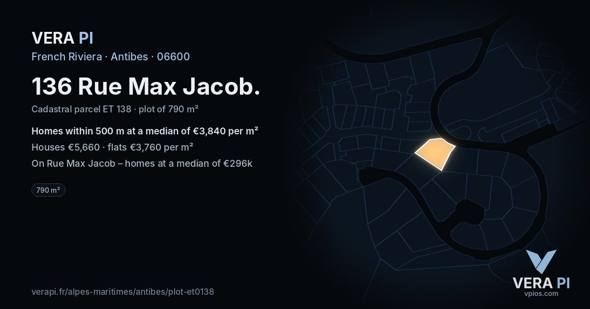 136 Rue Max Jacob, Antibes at night – the plot lit, the parcels around coloured by the prices near them