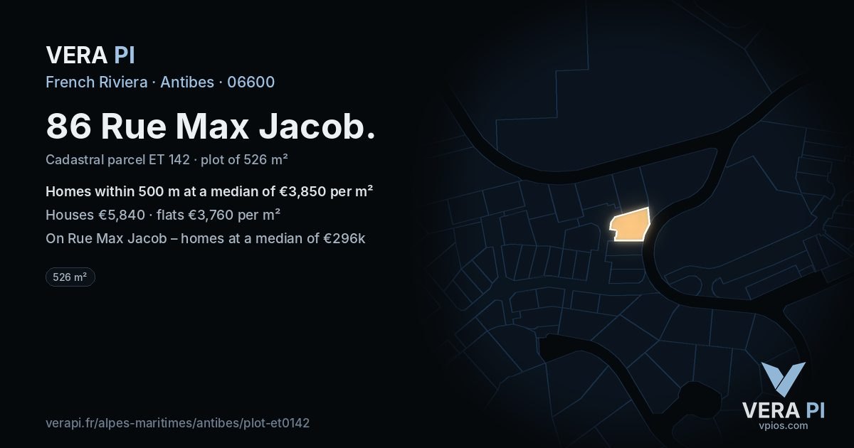 86 Rue Max Jacob, Antibes at night – the plot lit, the parcels around coloured by the prices near them