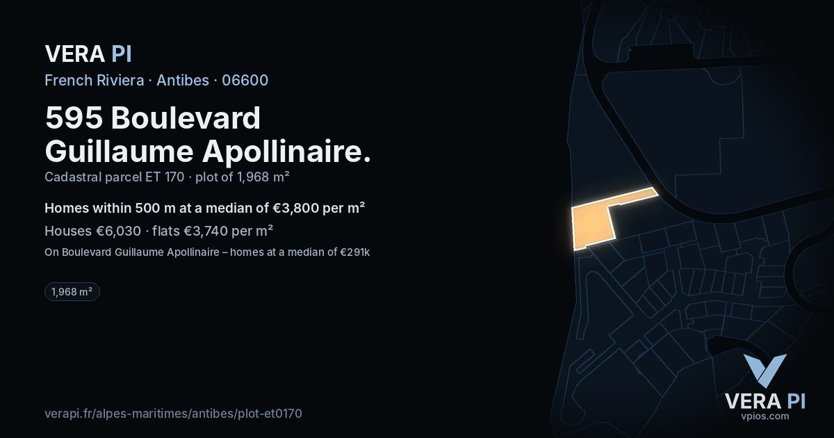 595 Boulevard Guillaume Apollinaire, Antibes at night – the plot lit, the parcels around coloured by the prices near them