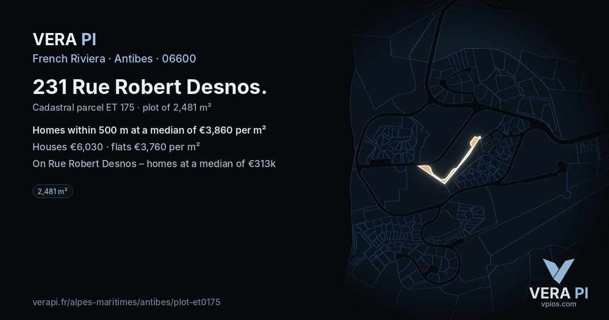 231 Rue Robert Desnos, Antibes at night – the plot lit, the parcels around coloured by the prices near them