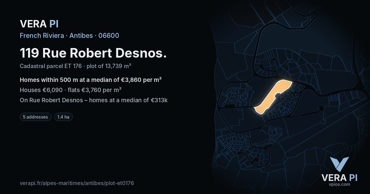 119 Rue Robert Desnos, Antibes at night – the plot lit, the parcels around coloured by the prices near them