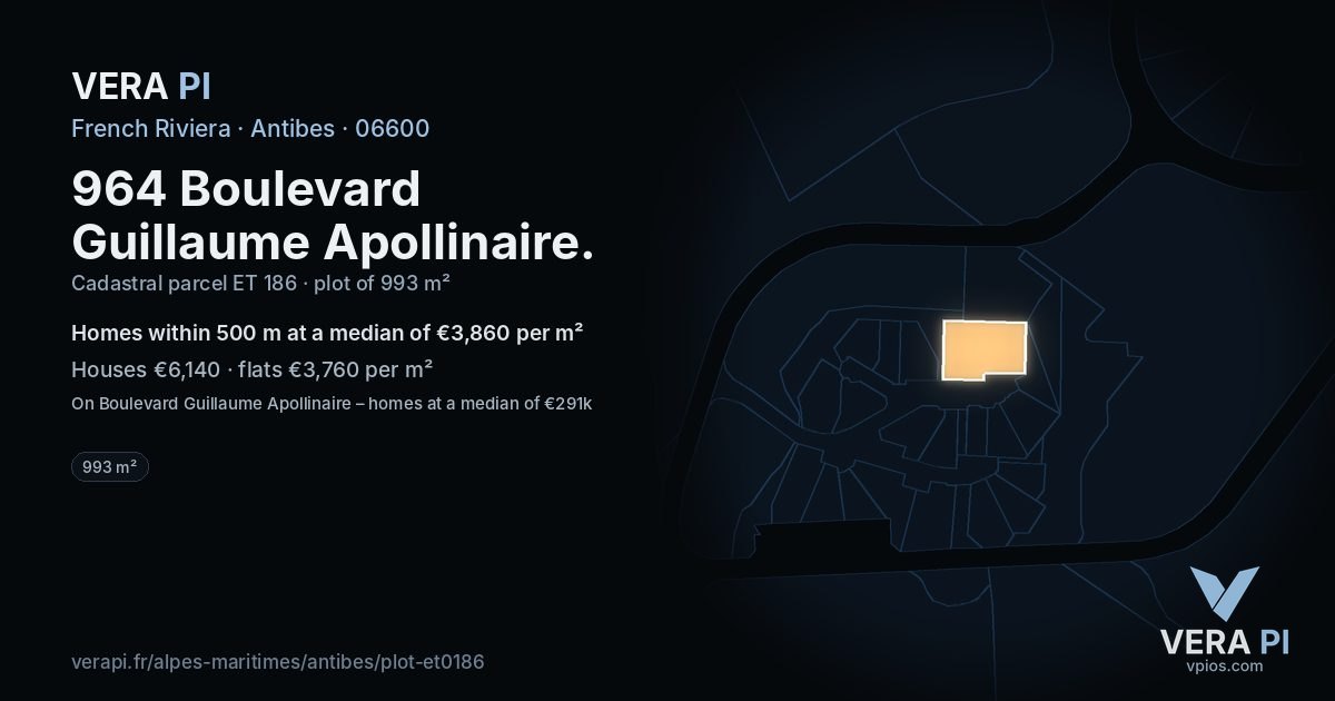 964 Boulevard Guillaume Apollinaire, Antibes at night – the plot lit, the parcels around coloured by the prices near them