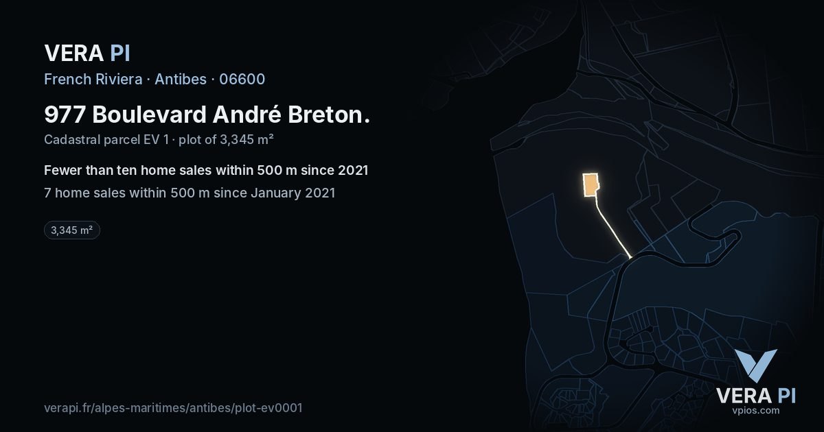 977 Boulevard André Breton, Antibes at night – the plot lit, the parcels around coloured by the prices near them