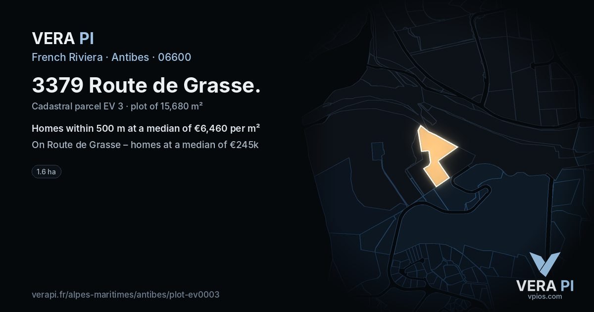 3379 Route de Grasse, Antibes at night – the plot lit, the parcels around coloured by the prices near them