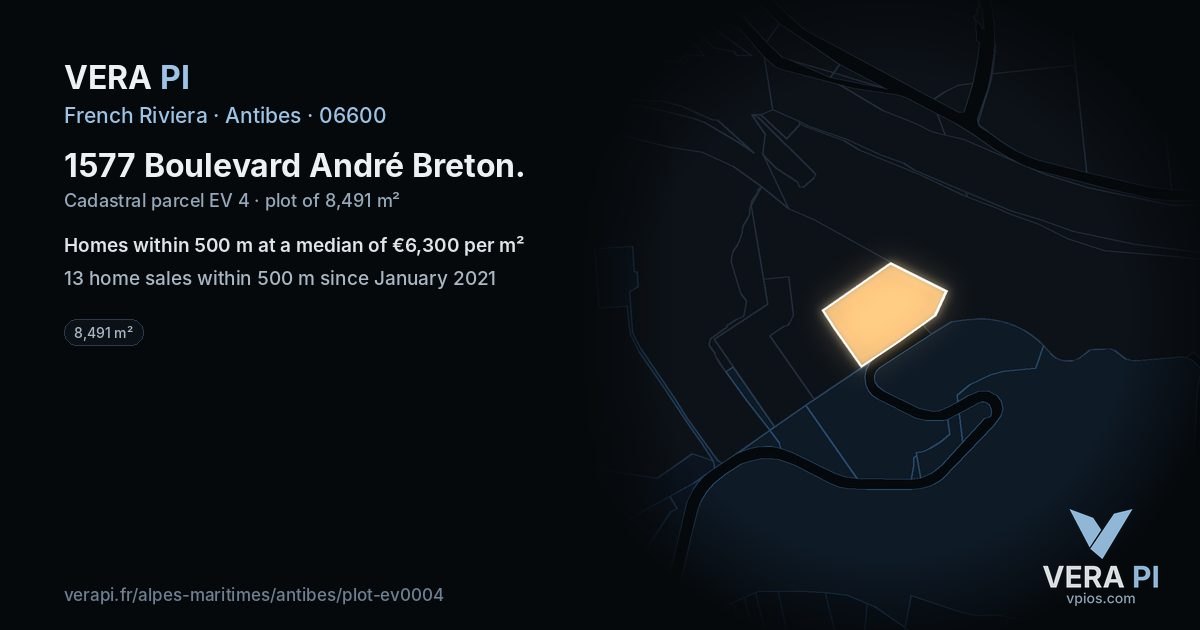 1577 Boulevard André Breton, Antibes at night – the plot lit, the parcels around coloured by the prices near them