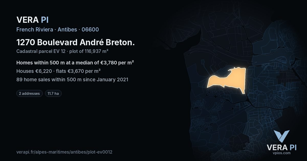 1270 Boulevard André Breton, Antibes at night – the plot lit, the parcels around coloured by the prices near them
