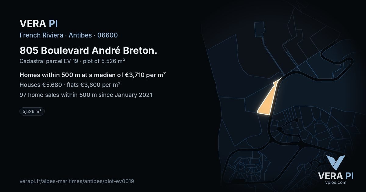 805 Boulevard André Breton, Antibes at night – the plot lit, the parcels around coloured by the prices near them