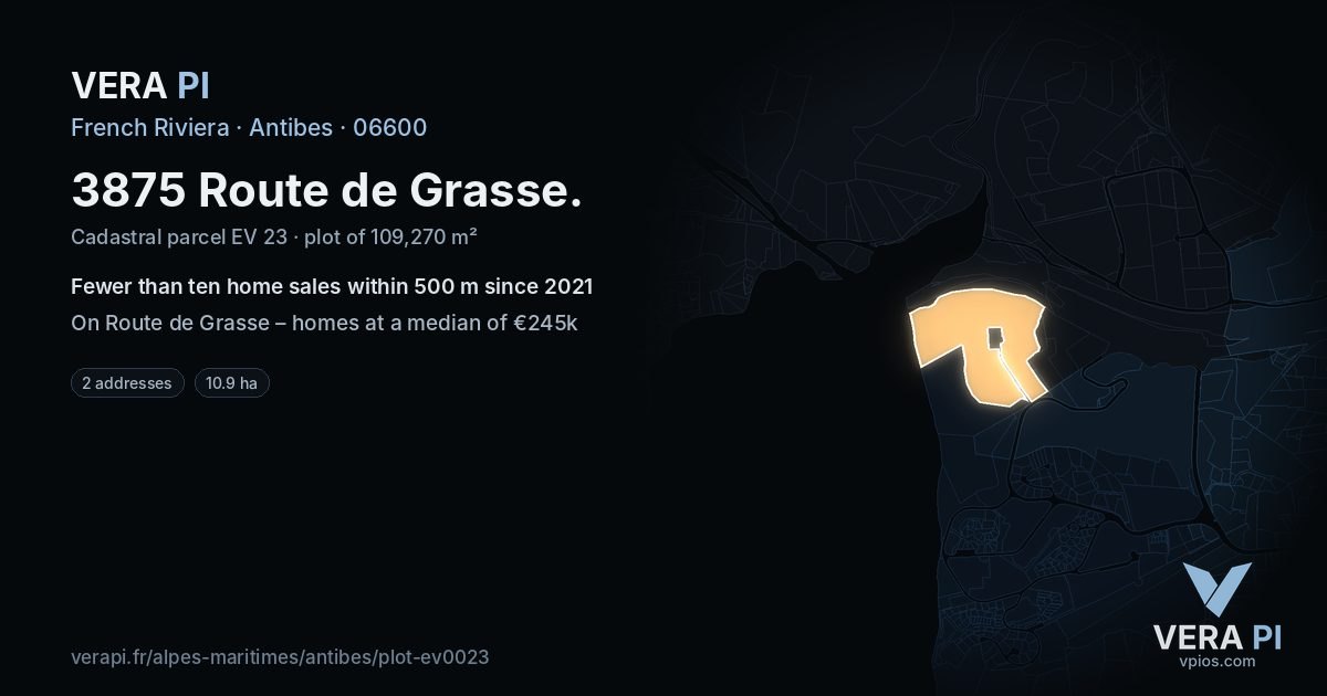 3875 Route de Grasse, Antibes at night – the plot lit, the parcels around coloured by the prices near them